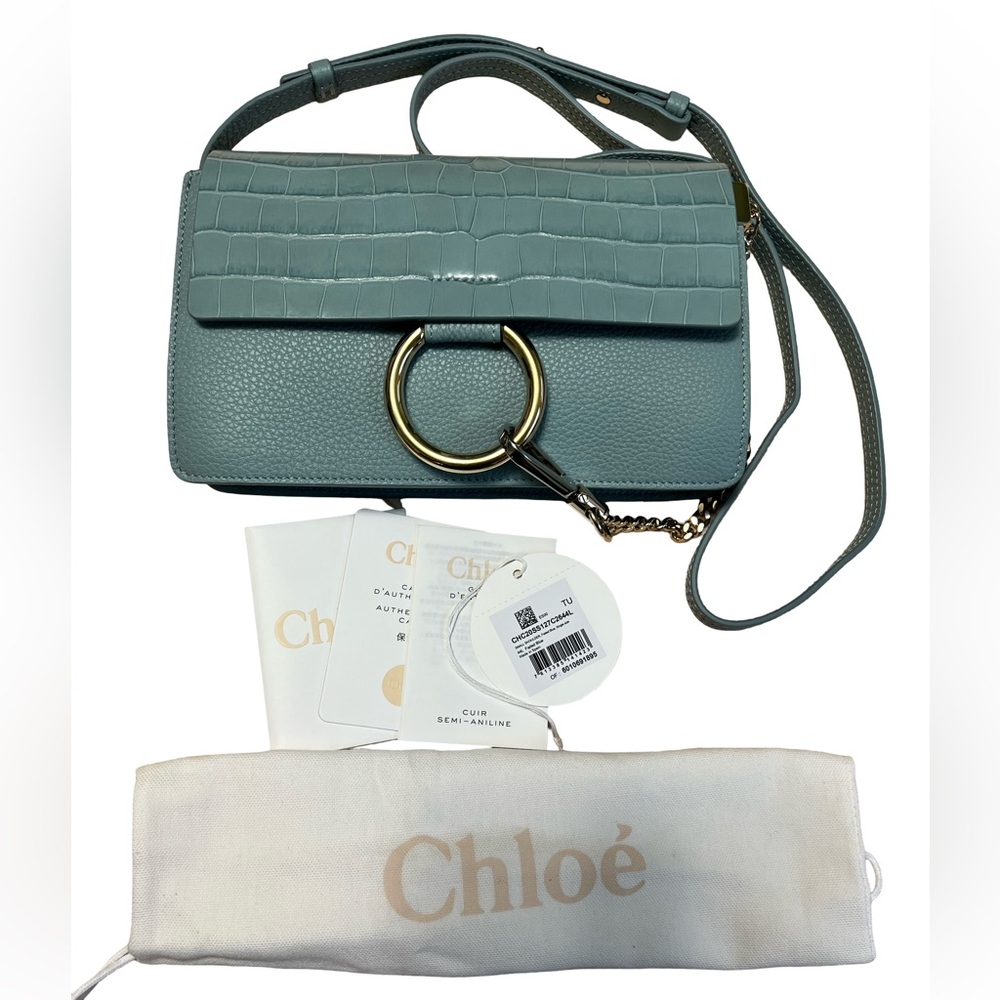 Chloe Faye Croc-Embossed Small Shoulderbag in Faded Blue Color